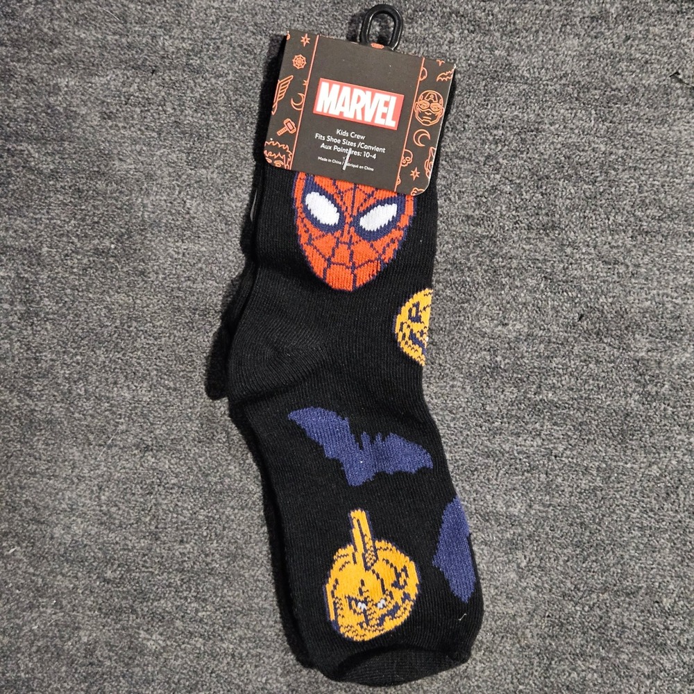 Marvel Kids Spider-Man Halloween Crew Socks Black Orange Pumpkin Bats Size 10-4